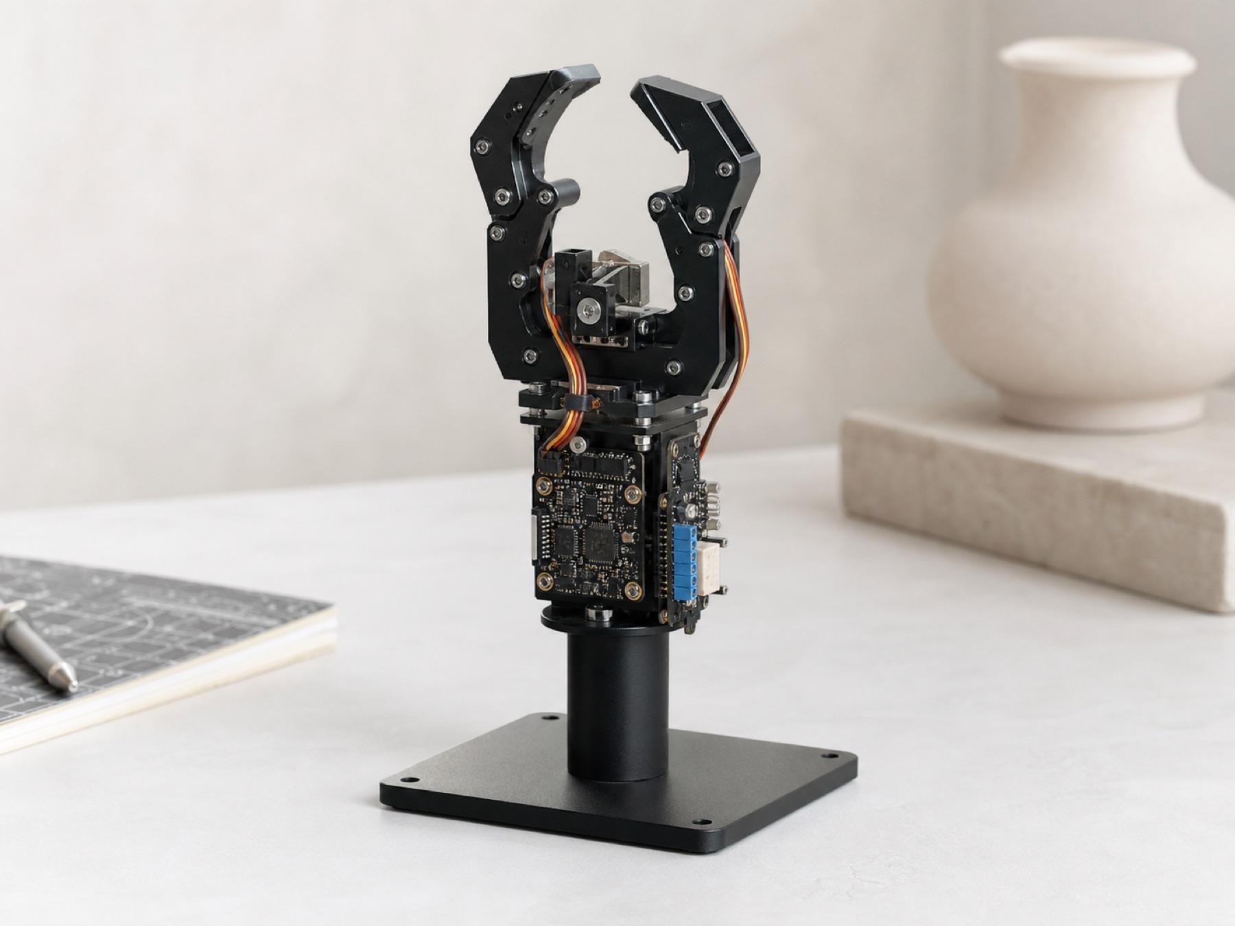 Experimental robotic gripper prototype on a lab stand